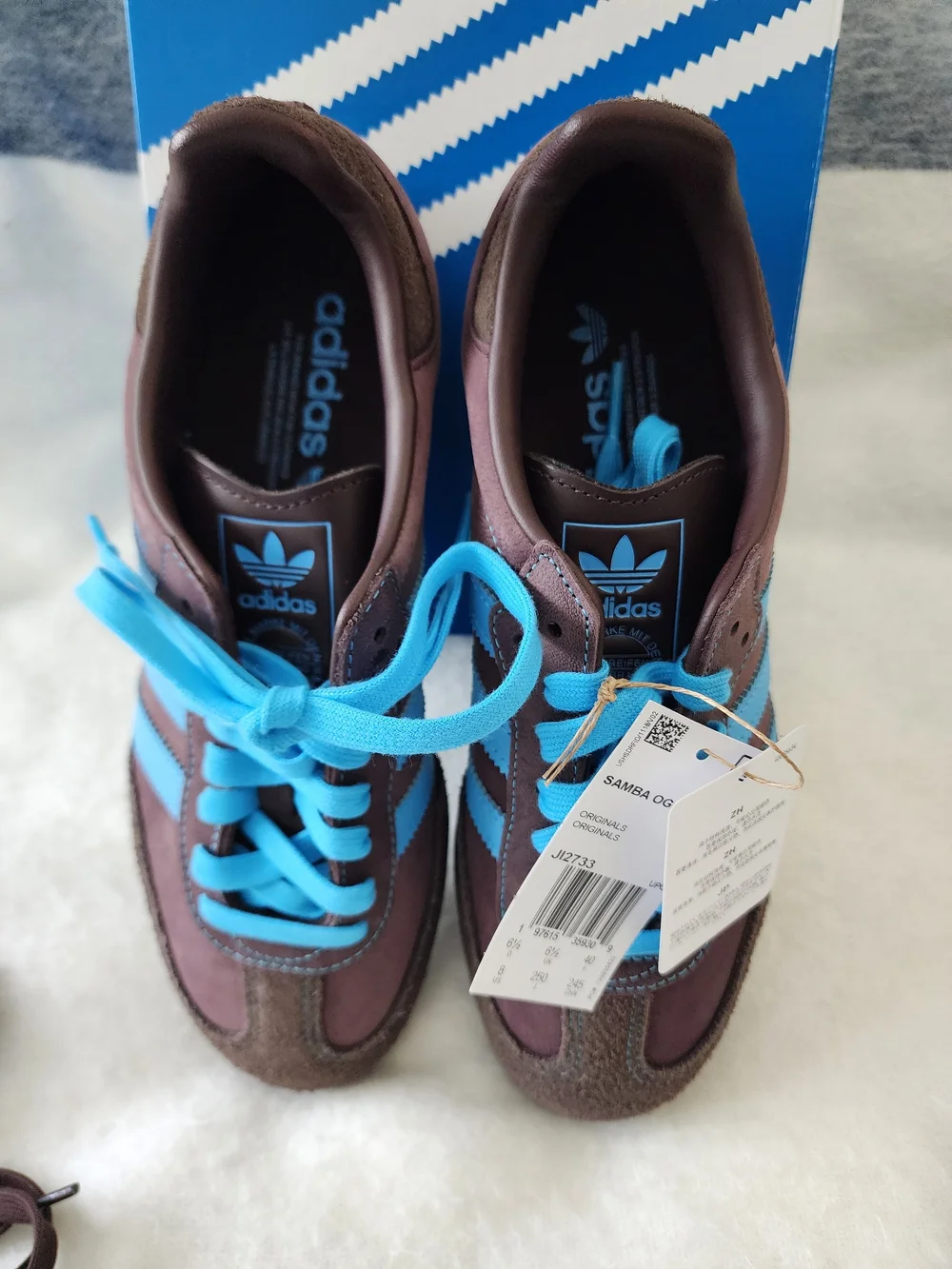 adidas Brown Suede Sneakers with Bright Blue Stripes and Laces - Picture 4 of 11